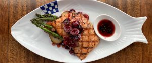 Dukes Salmon with Cherries and Asparagus