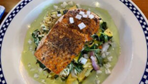 Duke's Seafood Coho Salmon with Lemon Arugula Coulis and Orzo
