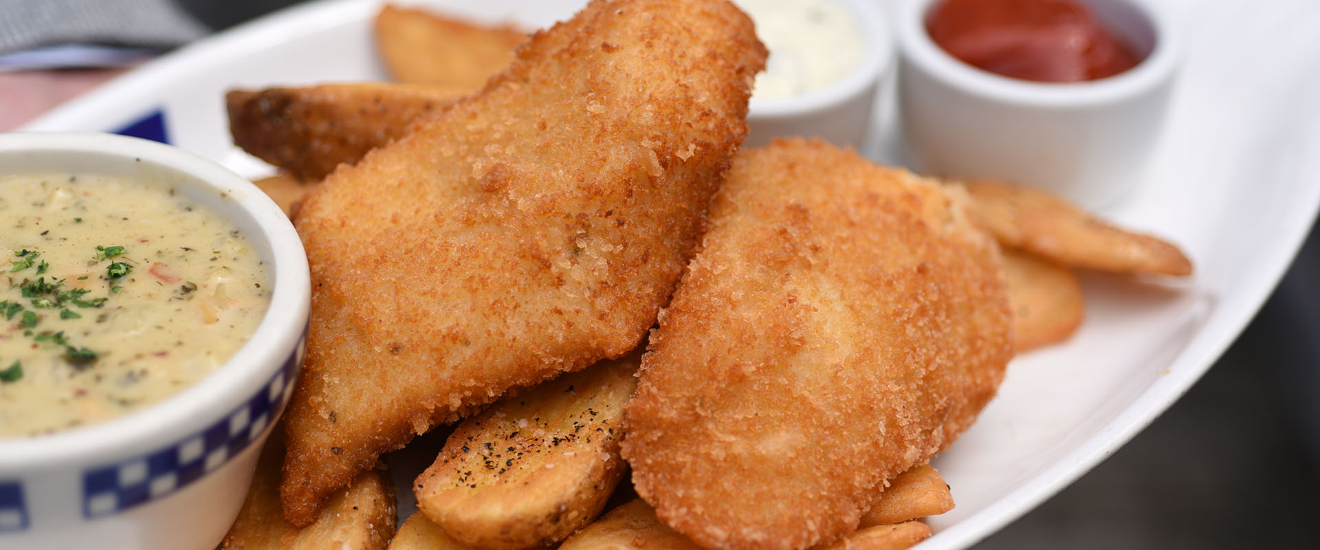 Battered Halibut and Chips Duke's Seafood Battered Halibut and Chips