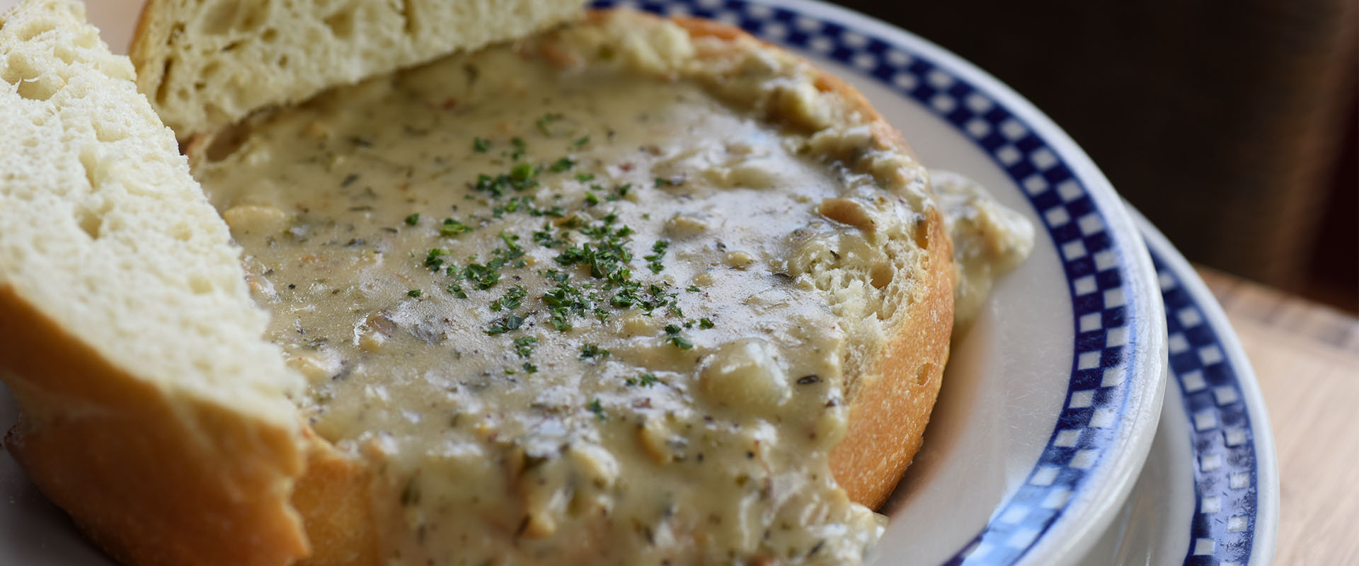 Clam Chowder in Sourdough Bowl Duke's Seafood Clam Chowder in Sourdough Bowl