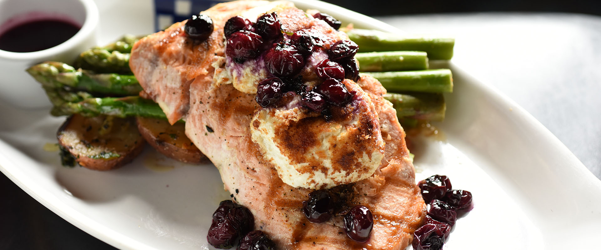 Duke's Seafood Wild Salmon with Cherries and Asparagus