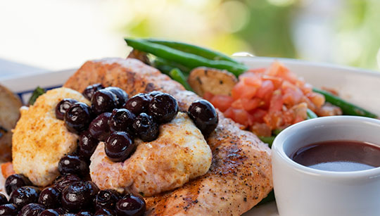 Duke's Seafood Blueberry and Goat Cheese Salmon entrée