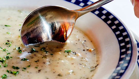 Duke's Seafood Clam Chowder Bowl Bowl of Duke's Seafood award-winning clam chowder