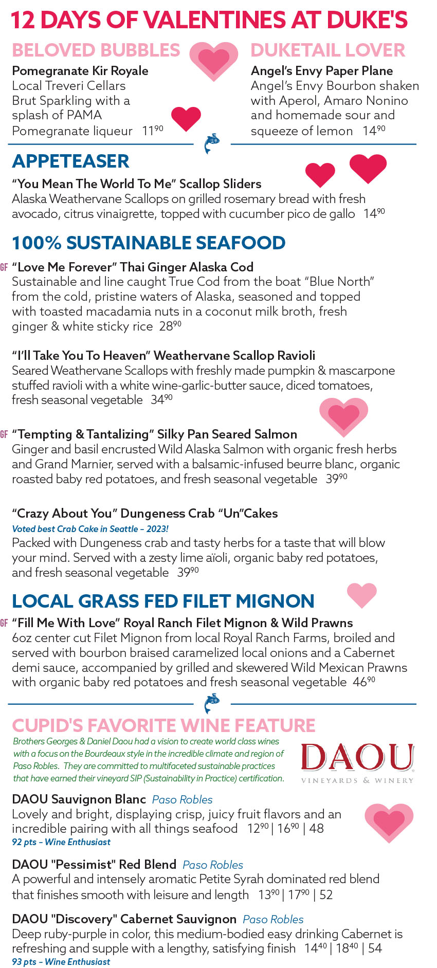 Duke's Seafood Valentine's Day menu for 2024